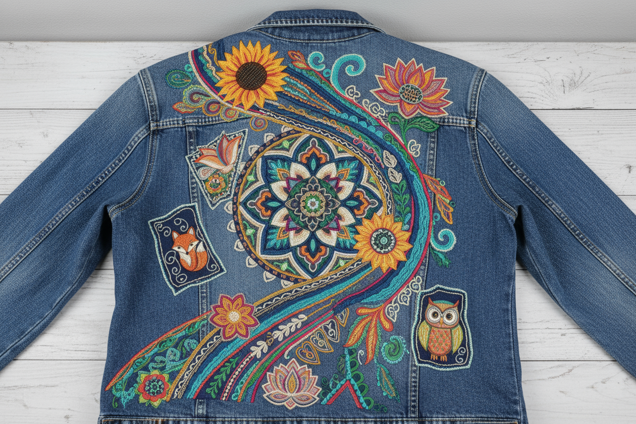image of the back of a jean jacket with a nice design